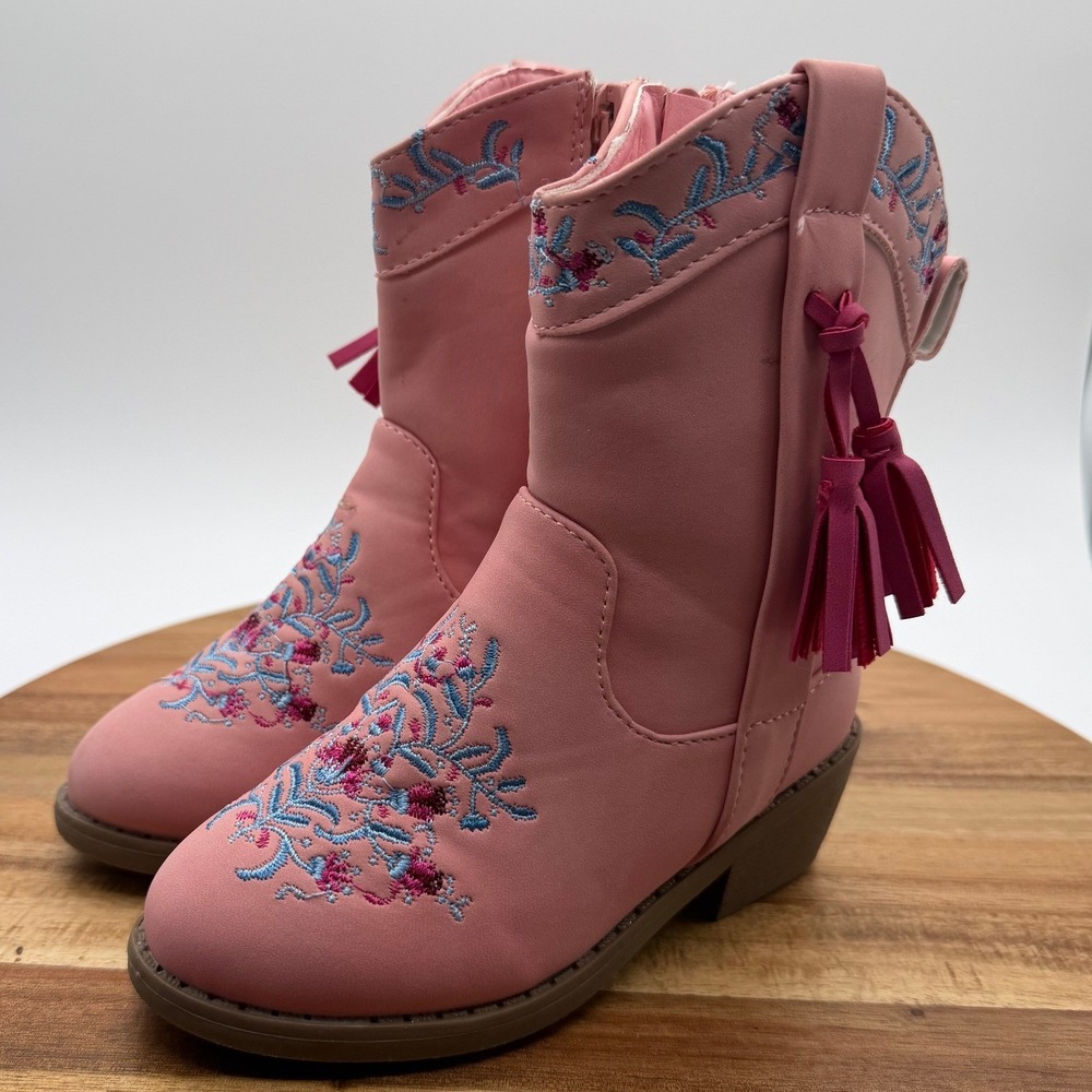 Stepping Stones Girl's Size 8 Pink Floral Embroidered Western Cowboy Boots  0699